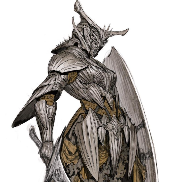 a digital sketch showcasing a knight clad in ornate, bonelike armor. the knight's back is turned, offering a view of the intricate details of the armor, which appears to be made of overlapping plates designed to resemble a ribcage and spine.  they hold a large sword in their left hand and have a large, tattered cloth hanging from their waist.