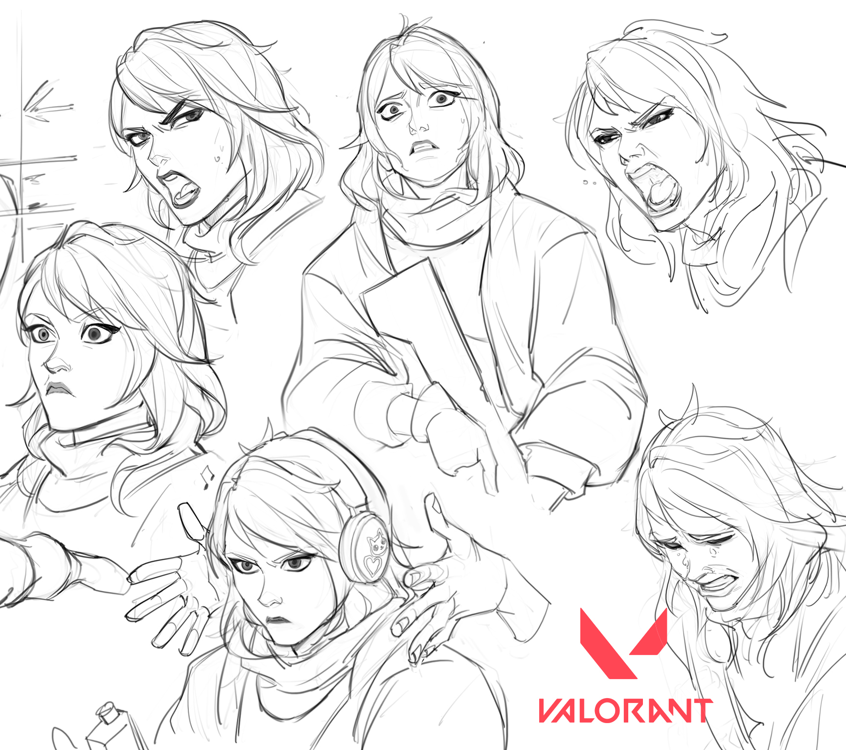 this image shows a collection of character sketches for the video game valorant. the sketches are in pencil and showcase a variety of facial expressions on female characters, including anger, frustration, sadness, and surprise. some characters are wearing headphones. the sketches are dynamic and capture a range of emotions and poses, suggesting the development process for a game character.  the valorant logo is included in the bottom right corner.