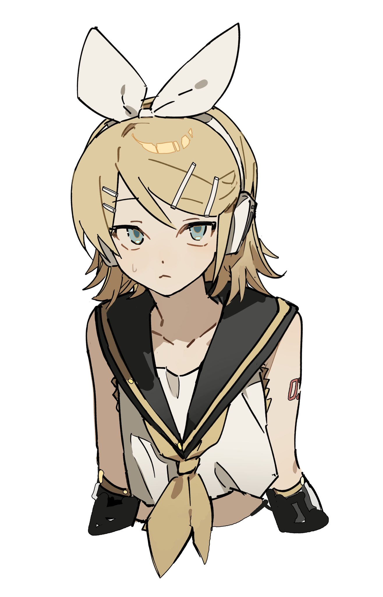 the image is a digital illustration of rin kagamine, a vocaloid character. she has short, yellow hair with a large white bow on her head. she has blue eyes and is wearing headphones. she is wearing a sailor outfit with a black and yellow trim and is looking slightly down. the style is reminiscent of anime.
