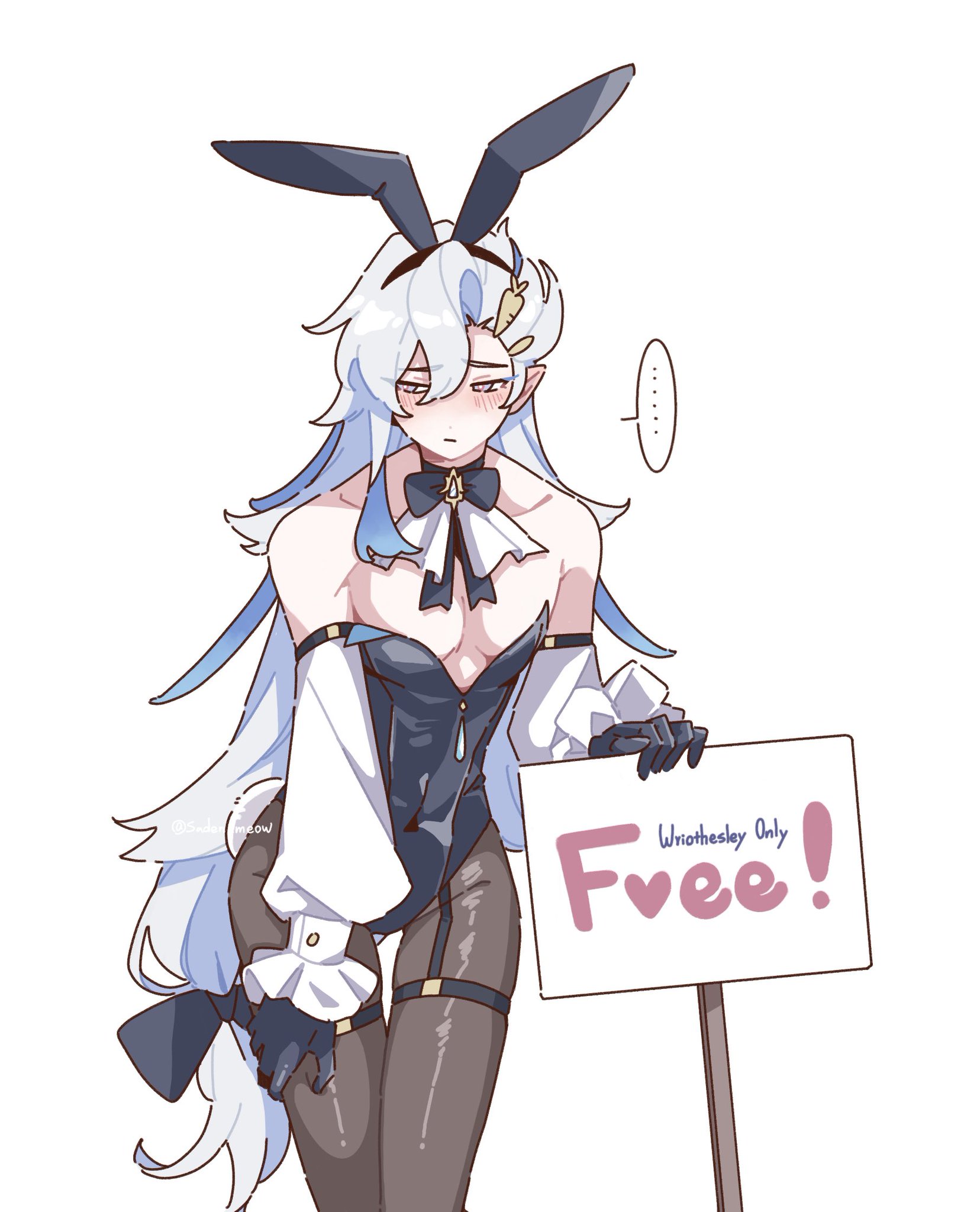 the image is a fanart depicting wriothesley from genshin impact dressed as a bunny girl. he's a male character with long white and blue hair, wearing a black bunny girl outfit with white sleeves and gloves. he's holding a sign that says "wriothesley only free!" with a heart symbol. the art style is anime/mangainspired, with soft lines and pastel colors. the overall mood is cute and slightly suggestive.