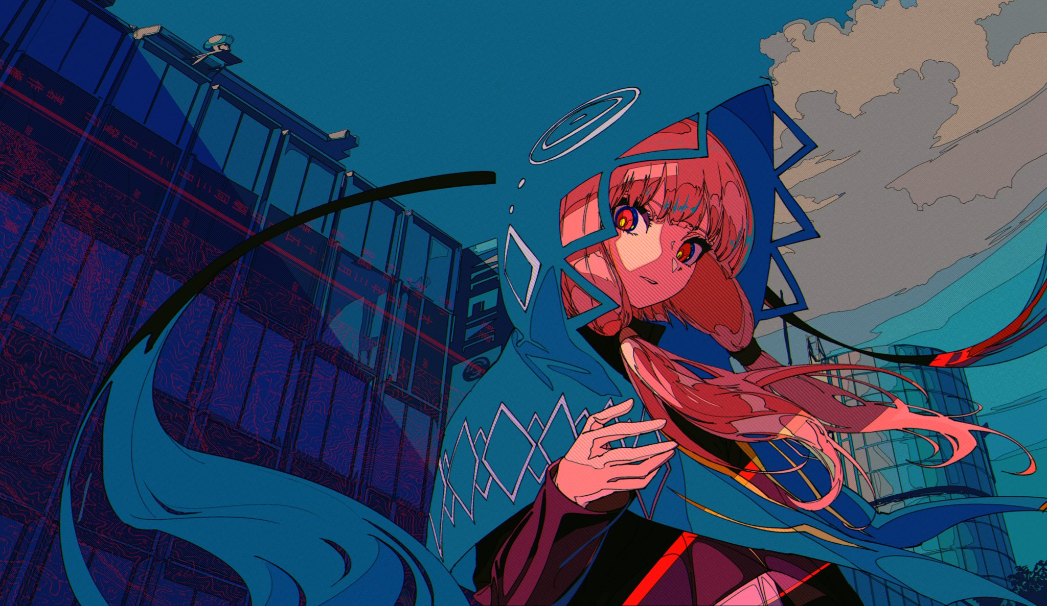 the image is a vibrant digital illustration in a style reminiscent of anime and cyberpunk. it features a young woman with long pink hair, wearing a dynamic blue hooded cloak adorned with geometric patterns. her expression is captivating, with intense, expressive eyes.  the background is a futuristic cityscape with tall, sleek buildings rendered in shades of blue and purple, creating a striking contrast with the character's pink hair.  the overall style is highly stylized, with bold lines, dynamic composition, and a color palette emphasizing blues, pinks, and purples.  there's a sense of movement and energy, possibly suggesting wind or a fast pace. the background buildings also exhibit digital elements, further solidifying the cyberpunk setting.  the character seems mysterious and powerful, with her pose and confident expression drawing the viewer's attention.