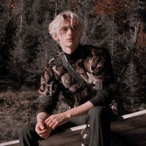 a young, blonde man sits upon a wooden beam outdoors.  he has shoulder length hair and is wearing a brown and black patterned jacket with black pants. his sleeves are rolled up to his elbows, and he is wearing a black turtleneck.  he is posed with his head tilted slightly to the side. the background consists of evergreen trees.