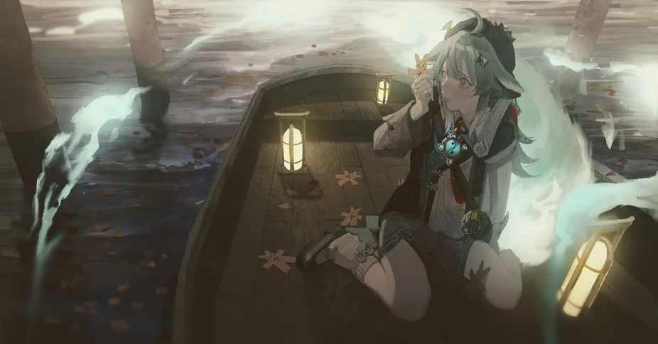 the image depicts an anime girl in a boat on a misty body of water. she is wearing a white and green outfit, and her long white hair is floating in the air. she has blue eyes and a smiling expression. there are two lanterns on the boat, and a white spirit is floating in the water around her. the scene is set at night, and the atmosphere is magical and mystical.