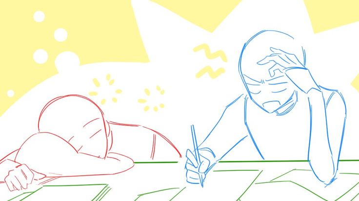 a simple drawing of two stick figures sitting at a desk. the figure on the left is lying down with their head on their arm as if they are exhausted, while the figure on the right is sitting up with their hand on their forehead looking stressed. both figures are in the process of drawing.  there are doodles and other drawings in the background which give the sense that these two stick figures are in the middle of some creative work.