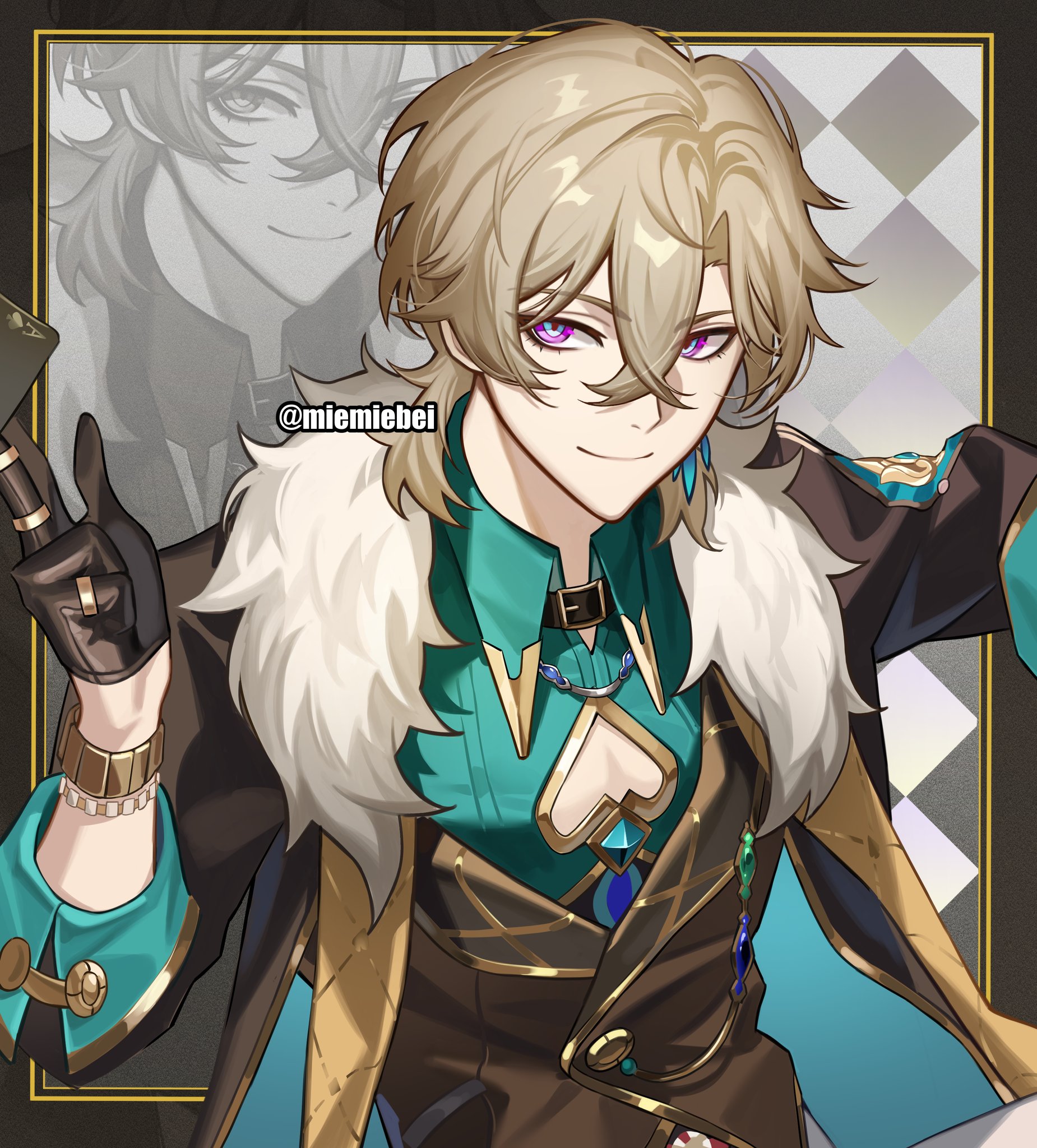 an anime style digital drawing of a male character with blond hair and purple eyes. he is wearing a green and gold suit with a fur collar. he is holding a card in his hand and smiling.