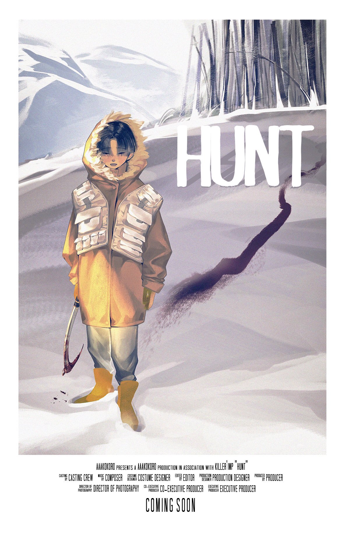 a movie poster for a film titled "hunt" featuring a young man standing in the snow. the poster lists the staff credits and includes the tagline "coming soon." the overall tone suggests a thriller or suspense film set in a cold and isolated environment.