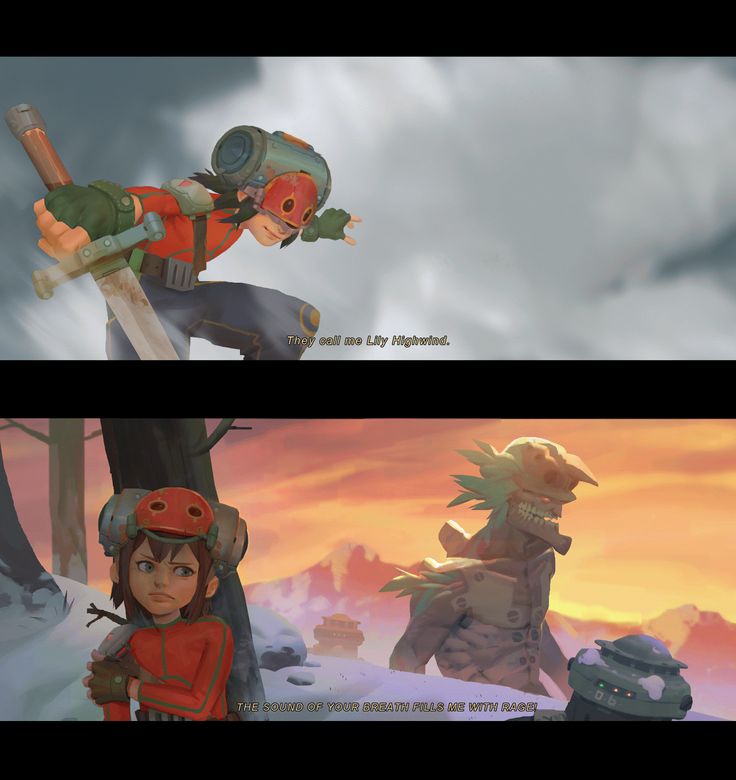 the image is a splitscreen featuring scenes from a video game. in the top half, a character who is possibly lily highwind, is shown in an action pose with a sword. the character is wearing a red outfit with a helmet and is set against a gray, cloudy sky. the text "they call me lily highwind" is overlaid on the scene. in the bottom half, a character is standing in a snowy landscape with trees in the background and a menacing monster to the right. the sky is a vibrant orange. the text "the sound of your breath fills me with rage" is overlaid on the scene.
