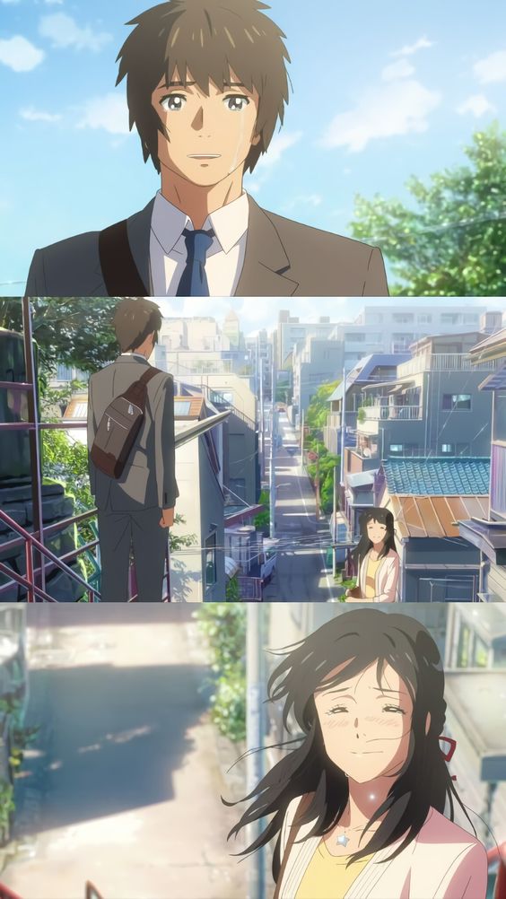 this image is from the japanese animated film "your name." it features three characters, a young man, a young woman, and a young girl. the young man is wearing a suit and tie, and he is standing in front of a cityscape. the young woman is wearing a dress, and she is standing in the cityscape. the young girl is wearing a dress, and she is standing in a different location than the other two characters. she looks sad and forlorn. all three characters look like they are from a japanese anime film. the image has a peaceful and calm vibe, which is characteristic of many anime films.