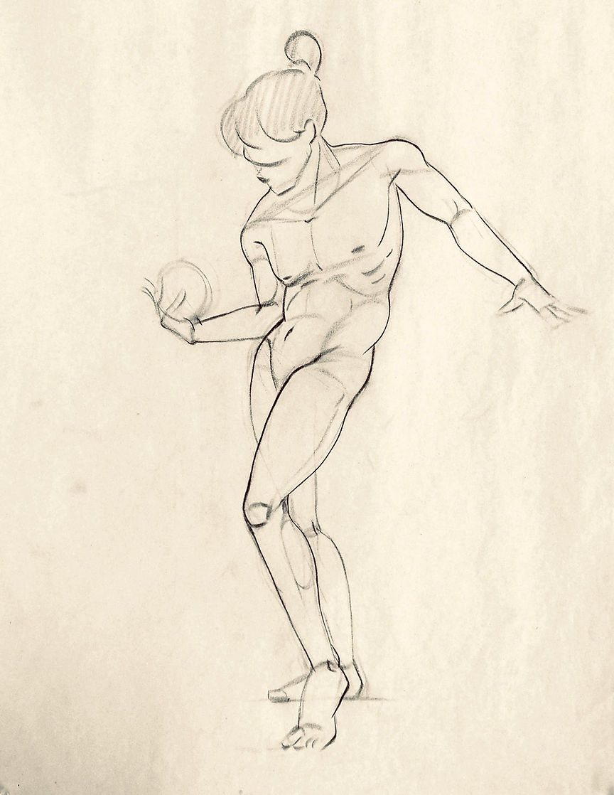a sketch of a nude male figure in a standing pose. the figure is facing to the side, with the head turned to look over the shoulder. the drawing is done in pencil or charcoal on paper and shows a basic outline of the figure. the pose is dynamic and the figure appears to be in motion.