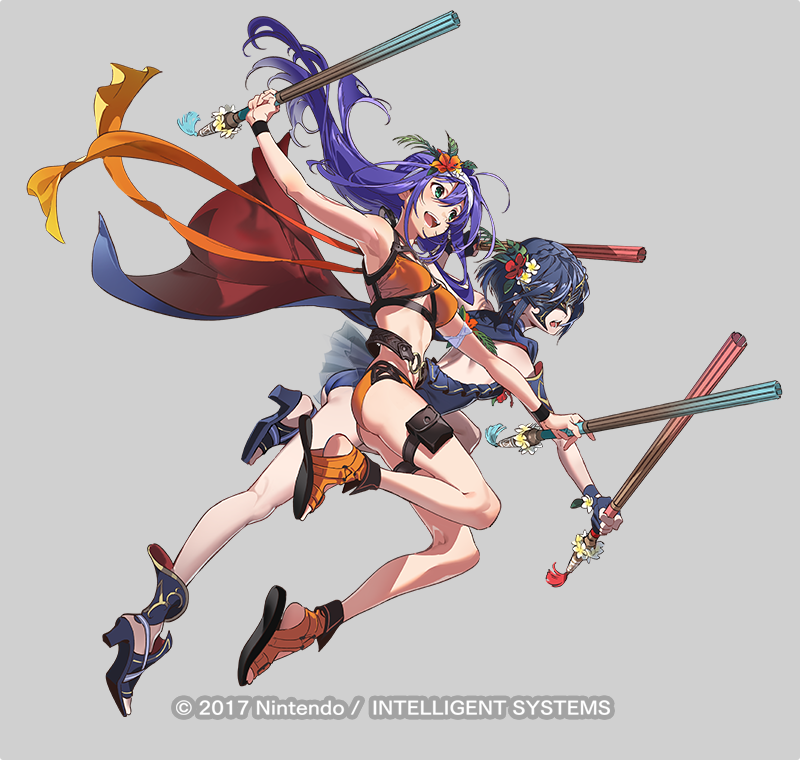 two female characters in swimsuits and sandals are jumping in the air, each holding three colored sticks.  they both have flowers in their blue hair. the woman on top has long blue hair and the woman on the bottom has short blue hair with a partial face covering.