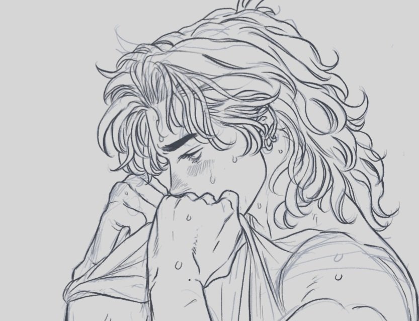 a detailed sketch of a male figure with curly hair, appearing distressed and emotional. the figure's head is lowered, and his hand is covering part of his face, hinting at crying or suppressing emotion. he is wearing a tshirt, and there are indications of perspiration on his skin. the image conveys sadness, vulnerability, and emotional anguish.