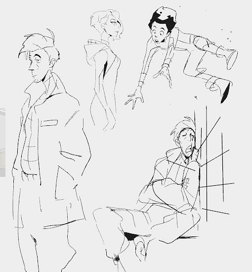 a sketch of four characters drawn in a simplistic style. the characters are all in different poses and expressions. the character on the left is a man wearing a jacket, the character in the middle is a woman wearing a dress, the character on the right is a man leaning against a wall, and the top character is a man in midair. all the characters are drawn in black ink on white paper. the drawing has a very cartoonish style and is done with simple lines and shapes.
