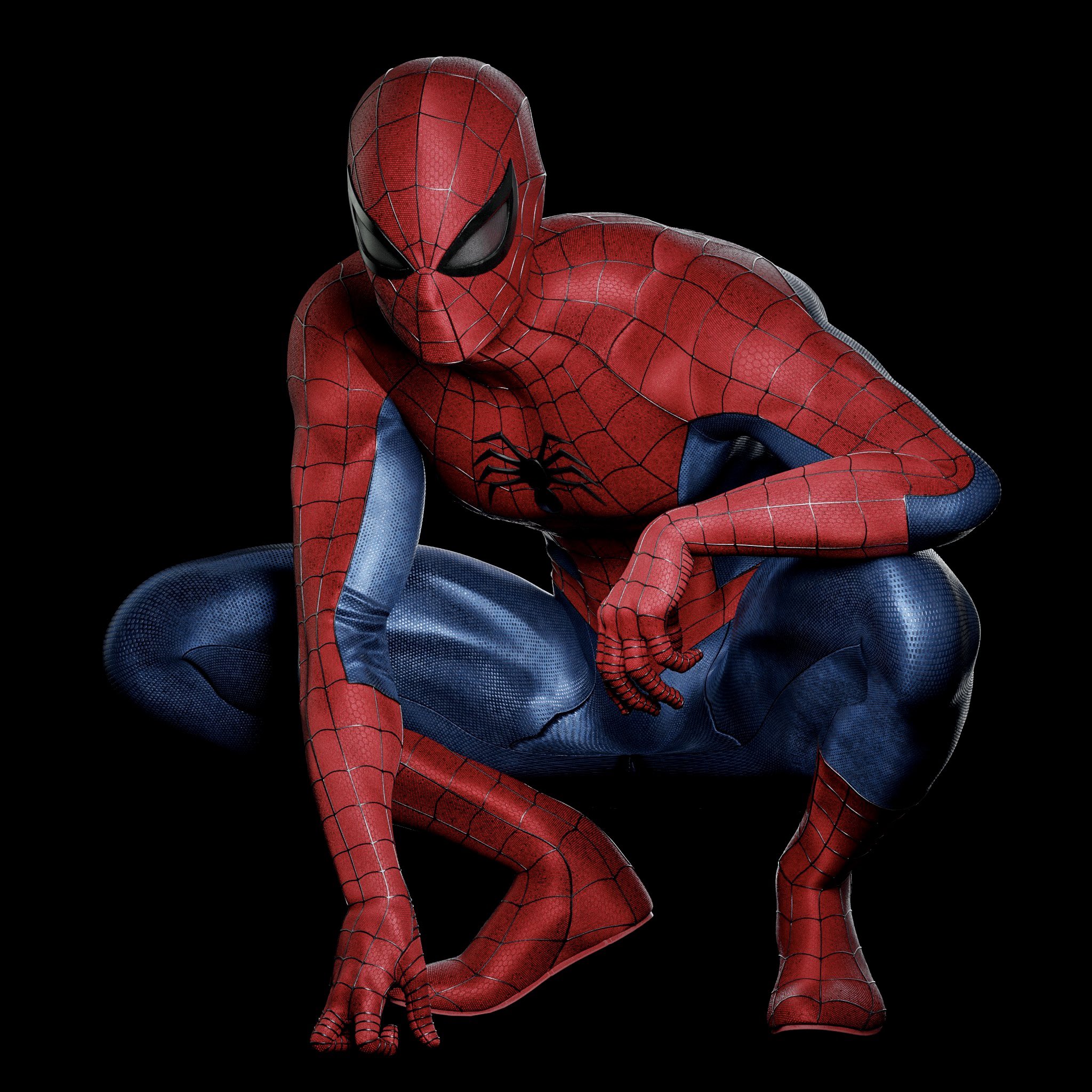 a digital illustration of spiderman, a superhero known for his red and blue suit with a spider symbol on his chest, is shown crouching and looking at something off to the side. he is positioned against a black background, allowing his colorful costume to stand out.