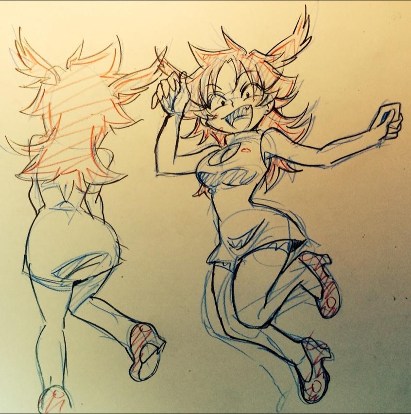 a scannedin image of a sketch of a young woman with messy, spiky hair and large eyes, jumping in the air with an excited expression.  the drawing, done primarily in blue and red colored pencil on tan paper, includes two different poses of the same subject, one from the front and one from the back.