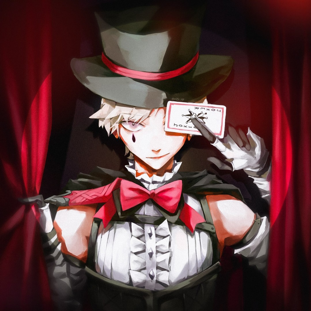 the image is a digital painting of an animestyle male character dressed as a magician or jester. he's wearing a black top hat, a white ruffled shirt, a red bow tie, and white gloves. he's holding a playing card with a joker design over one eye, and a smirk plays on his lips. his hair is white and his eyes are purple; a single tear mark is visible under his eye. the background is dark and features a deep red curtain, creating a dramatic and mysterious atmosphere. the art style is stylized and highly detailed, with strong use of light and shadow to enhance the character's features and mood.