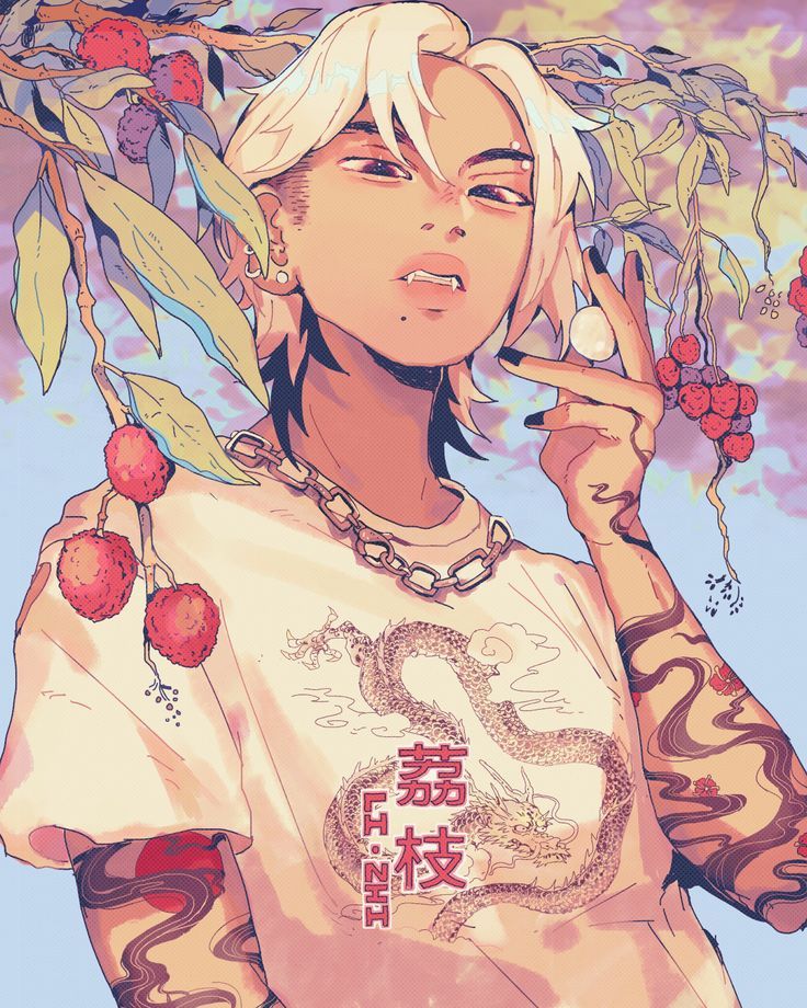 a young anime man with blonde hair and a white tshirt with a dragon print, a necklace, and tattoos on his arm is holding a lychee in his hand. there are some lychees and leaves in the background. the image is in a pastel color scheme.