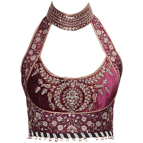a maroon halter top with intricate embroidery and floral patterns is displayed. the top features a high neckline adorned with beads, and the bottom edge has a black and white striped pattern with beaded accents.
