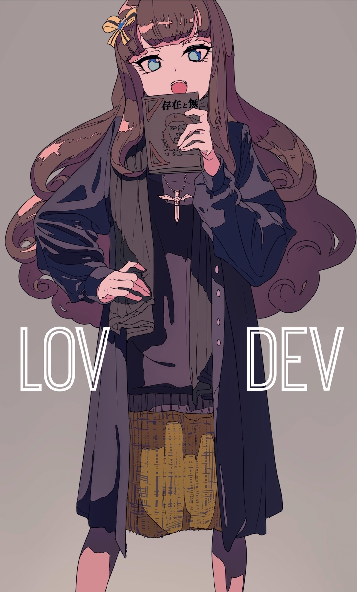 he image is a digital drawing of an animestyle girl. she has long brown hair with a small flower accessory on the side. she is wearing a long, dark purple coat, a dark purple sweater, and a mustard yellow skirt. she's holding a book with japanese text on it. a cross necklace is visible underneath the coat. the style is a blend of casual and slightly gothic. the background is a muted gray. the text "lov dev" is written in a stylized font across the lower part of the image. the overall aesthetic is soft and slightly melancholic.