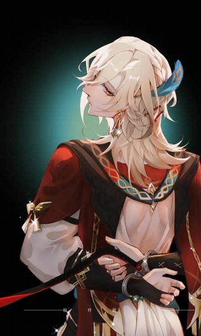 the image is a digital painting or fanart depicting scaramouche from the game genshin impact. he is portrayed as a young man with long, flowing blonde hair adorned with a blue feather accessory. he wears an elaborate, richly detailed outfit in shades of red and gold, with intricate gold jewelry and black cuffs around his wrists which appear to be bound together. his expression is pensive and somewhat melancholic, his gaze directed away from the viewer. the background is dark, providing a strong contrast to the vibrant colors of his clothing and hair. the overall style is artistic and highly detailed, showcasing a skilled digital painting technique.