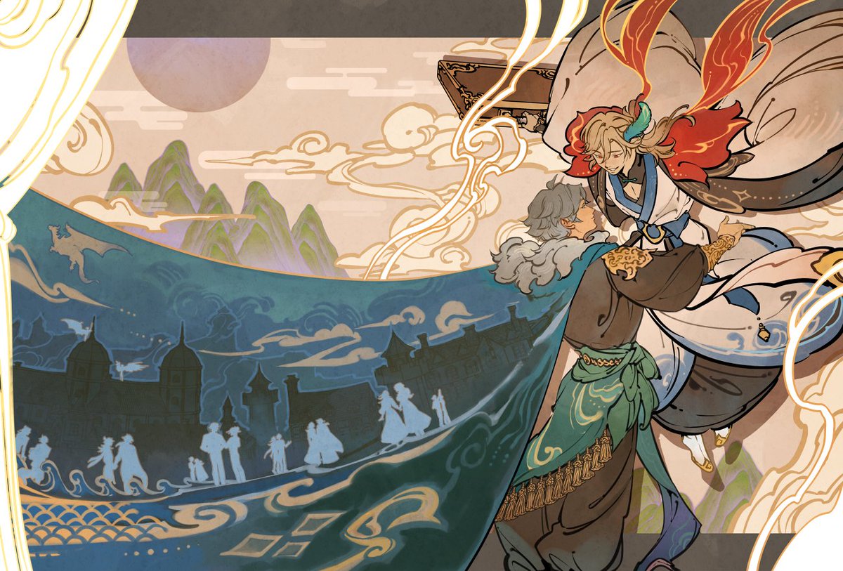the image is a fanart piece depicting characters albedo and zhongli from the game genshin impact. they are posed romantically. albedo is fair with blonde hair and red adornments on his head/hair. zhongli is darkhaired. they are dressed in detailed, ornate outfits. the background features a stylized landscape with mountains, clouds, a moon, and the silhouettes of buildings with figures. the art style is reminiscent of anime with soft colors and intricate designs.