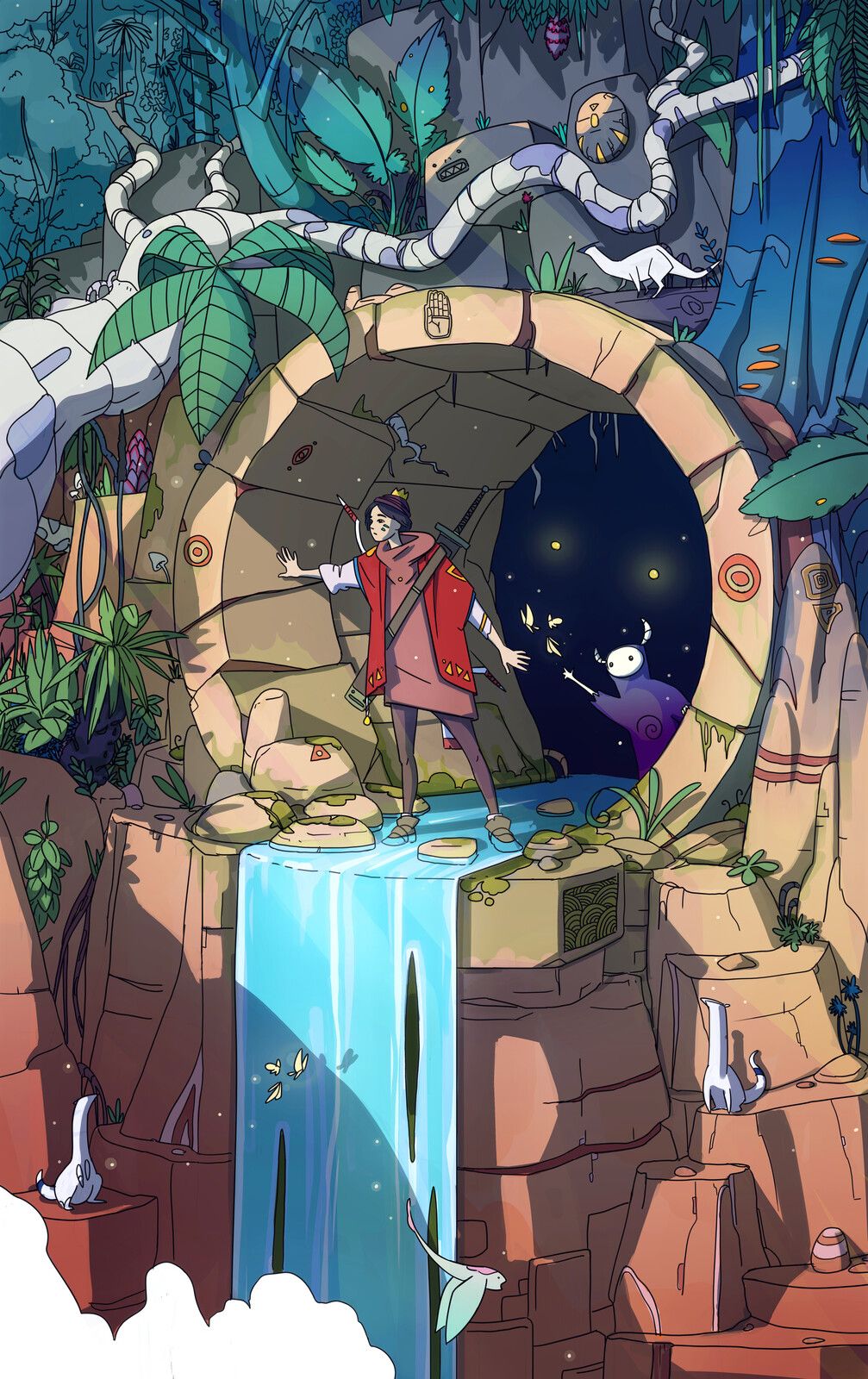 an animated fantasy scene featuring a character standing at the entrance of an ancient portal or ruin within a lush jungle. a waterfall flows from the portal's base, and mysterious creatures are seen within the portal's night sky.