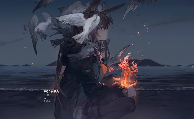 the image is a digital artwork depicting an anime girl with long brown hair sitting on a beach at night.  she is surrounded by numerous white birds, some appearing to be doves or pigeons, that seem to be part of her attire or aura. she's holding a glass jar or container with burning flowers or embers inside, creating a small, warm fire. the overall atmosphere is melancholic and somewhat mystical, with a dark color palette and a focus on the girl's contemplative pose. the ocean and dark sky create a backdrop that emphasizes the solitary nature of the scene. the text "00:→ma. life a fire" is subtly placed at the bottom.