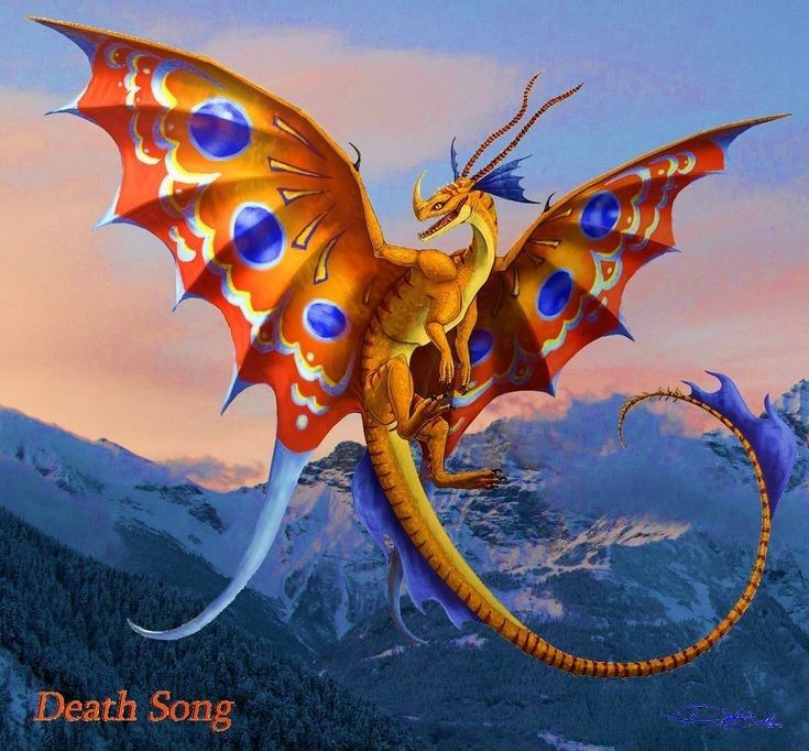 a fantasy image of a dragon with butterflylike wings is set against a backdrop of snowcapped mountains and a colorful sky. the dragon has orange and yellow scales, blue accents on its tail and head, and large blue circles on its orange and red wings. the dragon is in flight, and the name "death song" is written at the bottom left of the image.
