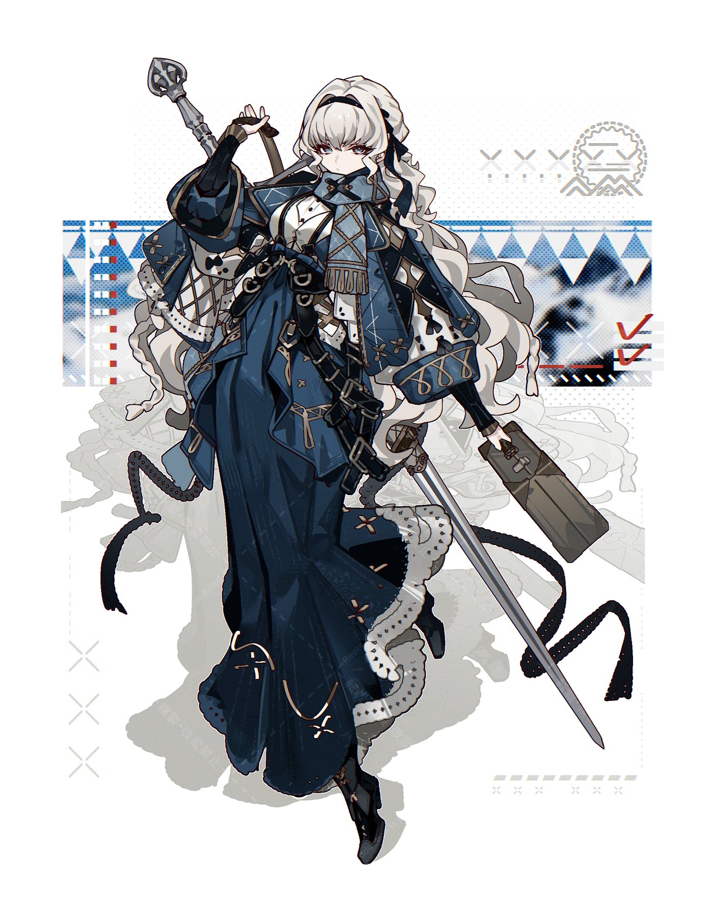the image showcases a female fantasy character with long, flowing white hair, dressed in an elaborate blue and white outfit. she stands poised for action, wielding a long sword in her right hand and holding a decorative staff in her left. her attire features intricate details like embroidery, buckles, and fur trim. the background is white, adorned with abstract graphic elements in blue, gray, and black. the overall effect is visually striking and emphasizes the character's elegance and power.
