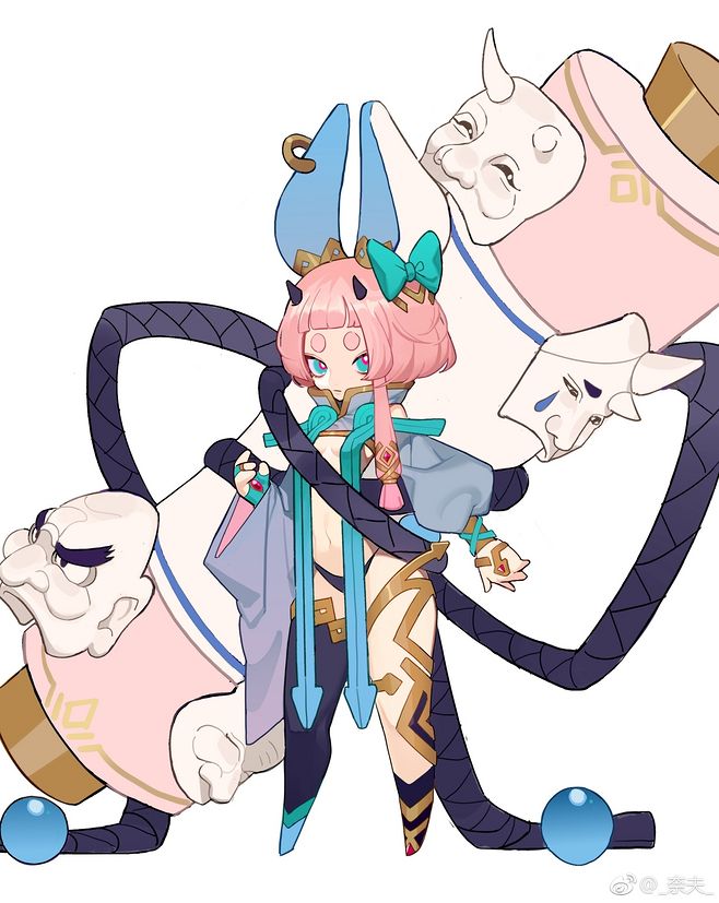 a digital illustration of a young girl in an anime style. the girl has pink hair, blue and white ears, and a big smile. she wears a bright pink, blue, and white outfit. the girl is standing in front of a large pink and white object that has a face and is holding a blue ball in its hand. the girl is looking at the viewer with a happy and playful expression. the background is white. the art style is whimsical and playful, and the colors are vibrant and colorful. this image is an example of a digital painting or illustration, which can be used for various purposes such as entertainment, education, or commercial purposes.