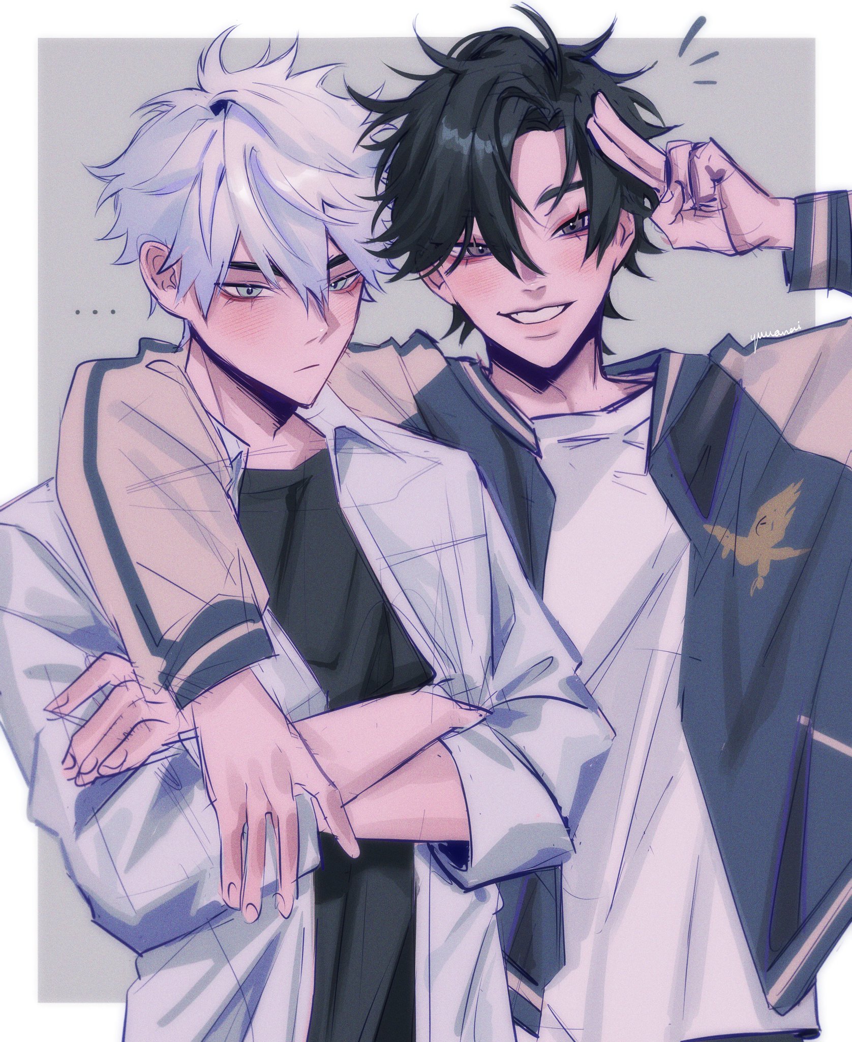two anime boys with white and black hair are standing close together and smiling at each other. the boy with white hair is wearing a white shirt with a beige jacket over it. the boy with black hair is wearing a white shirt with a navy blue jacket over it. they are both looking at each other and appear to be happy.  they are standing in front of a light grey background.