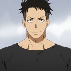 a closeup depiction of an anime male character set against a light blue sky. he has short, spiky black hair with shaved sides and brown eyes. his muscular physique is evident, and he sports a simple black, roundnecked shirt.  he has a confident, almost smug, smirk on his face.