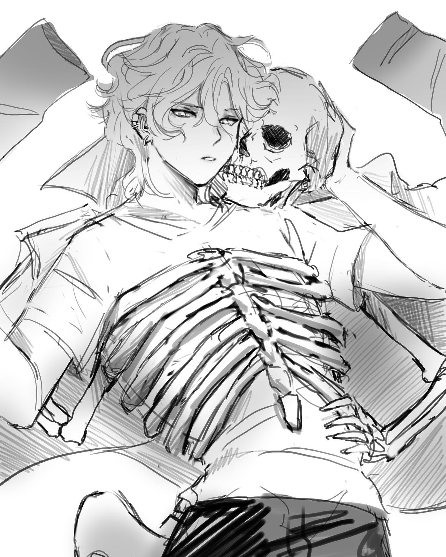 the image is a monochrome sketch of a young man with curly hair. he is lying down and holding a skull close to his face, with the rest of the skeleton draped over his body. the drawing style is loose and expressive, with visible pencil strokes and shading.