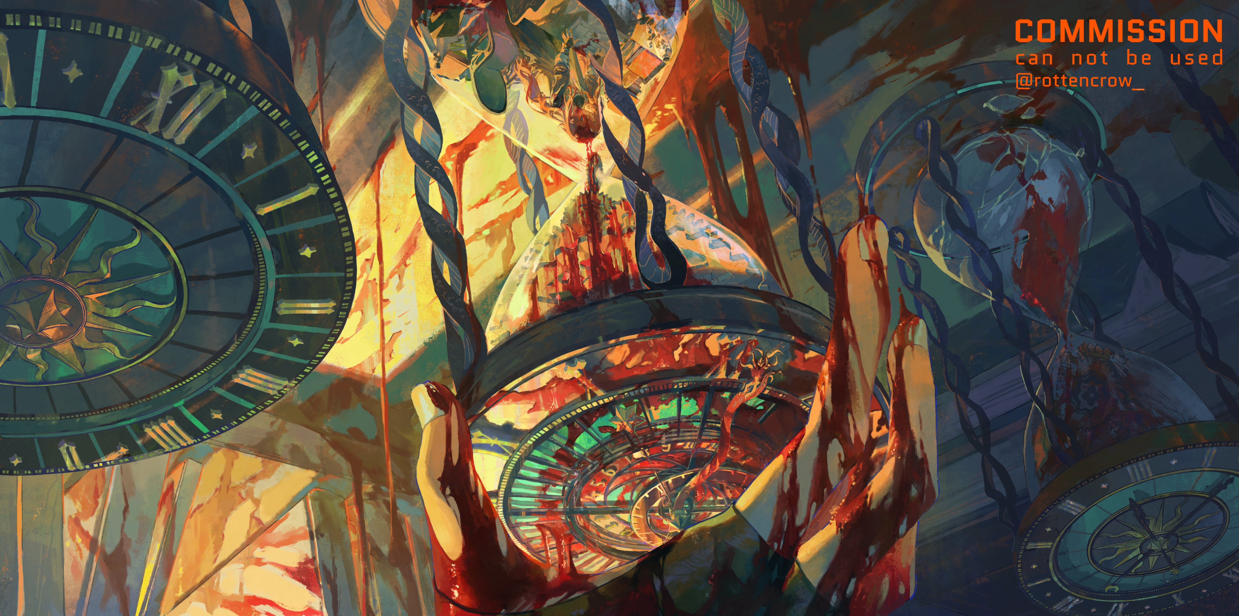 this image is a digital painting that depicts a clock and an hourglass, both stained with blood. the clock is broken and shattered, and the hourglass is dripping blood from the top. the image is dark and ominous, and it creates a sense of unease and dread. the image is likely intended to be a surreal and abstract representation of the passage of time, and the inevitability of death. the image could also be interpreted as a metaphor for the passage of time and the inevitability of death. the blood could symbolize the pain and suffering that accompany the passage of time. the broken clock could symbolize the fragility of life and the uncertainty of the future.