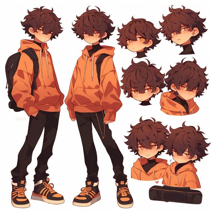 he image showcases a comprehensive character design sheet of an animestyle boy. the main focus is a fullbody illustration of the character, dressed in an orange hoodie, black pants, and orange and black sneakers. he's also wearing a backpack.  the design includes multiple variations of his head and facial expressions, allowing for flexibility in representation. the style leans towards a cute, almost chibilike aesthetic while maintaining detailed features. the overall color palette is warm and inviting, dominated by shades of orange and brown.  a musical instrument case is also included, hinting at a possible hobby or attribute.  the style is clean and professional, clearly intended for use in animation, comics, or other media.