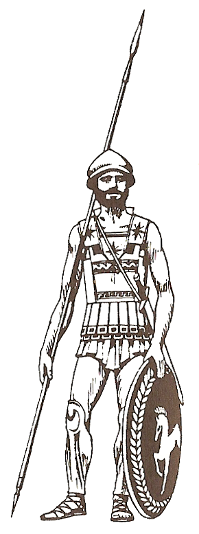 the illustration shows a spartan warrior standing with a spear in his right hand and a shield in his left hand. he is wearing a helmet, armor, and sandals. the background is white.