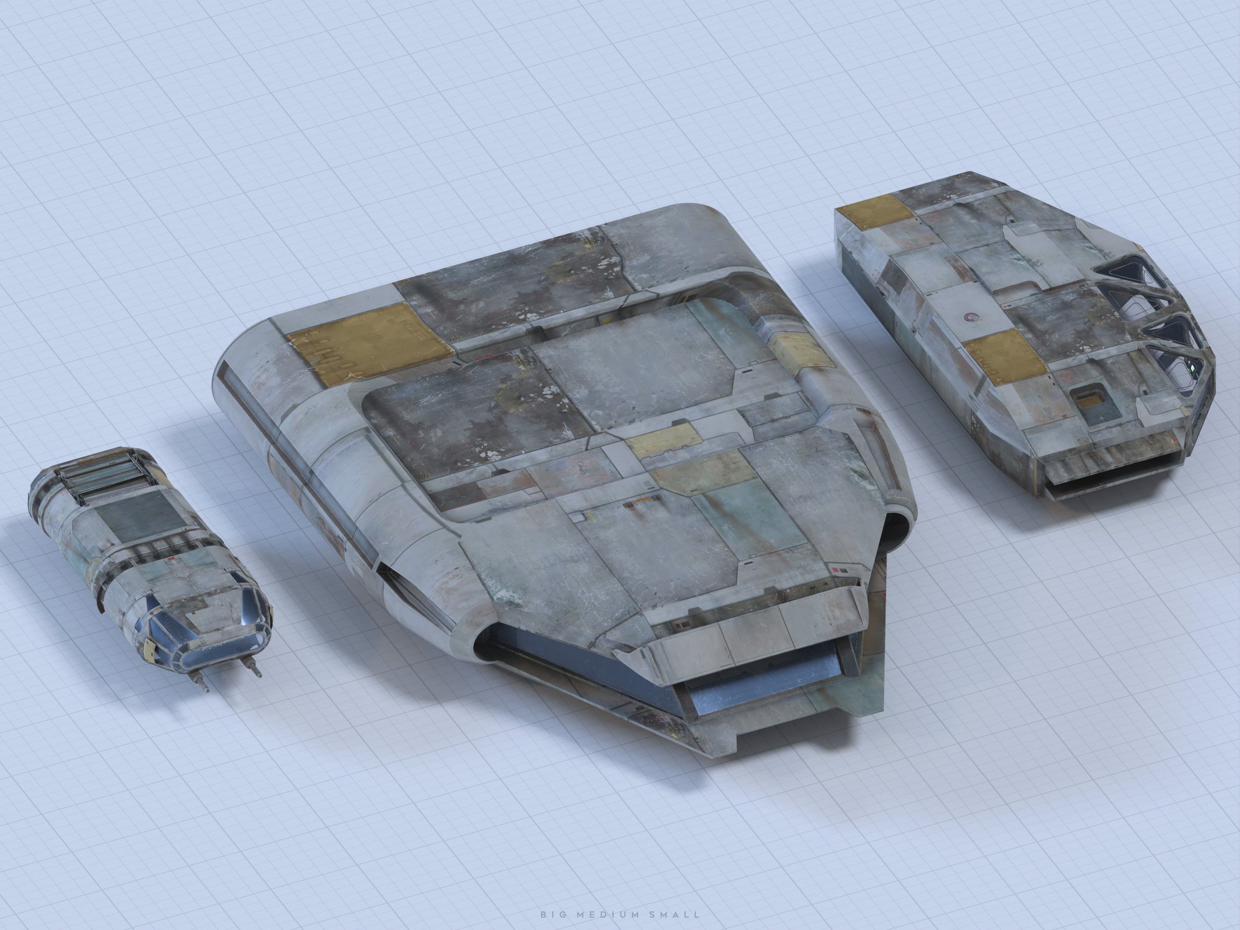 a 3d render showcasing three different sizes of a weathered spacecraft model. the largest piece is the main body, showing significant wear and tear. the mediumsized component could be a section of the ship's wing or engine. the smallest component is a detached, podlike structure.  the models are displayed on a gridded background, emphasizing the sizes labeled "big, medium, small" in the bottom right corner.  the overall aesthetic is gritty and realistic, suggesting a used or damaged vessel.