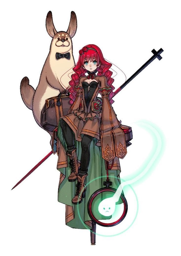 the image showcases a female character with vibrant red hair and a determined expression. she is dressed in a combination of green and brown clothing, suggesting a blend of practicality and style. her attire hints at a steampunk aesthetic, further emphasized by the clocklike device near her feet. a whimsical touch is added by her companion—a large, anthropomorphic rabbit sporting a dapper bow tie. they both stand upon a staff adorned with a glowing green emblem, hinting at magical abilities.