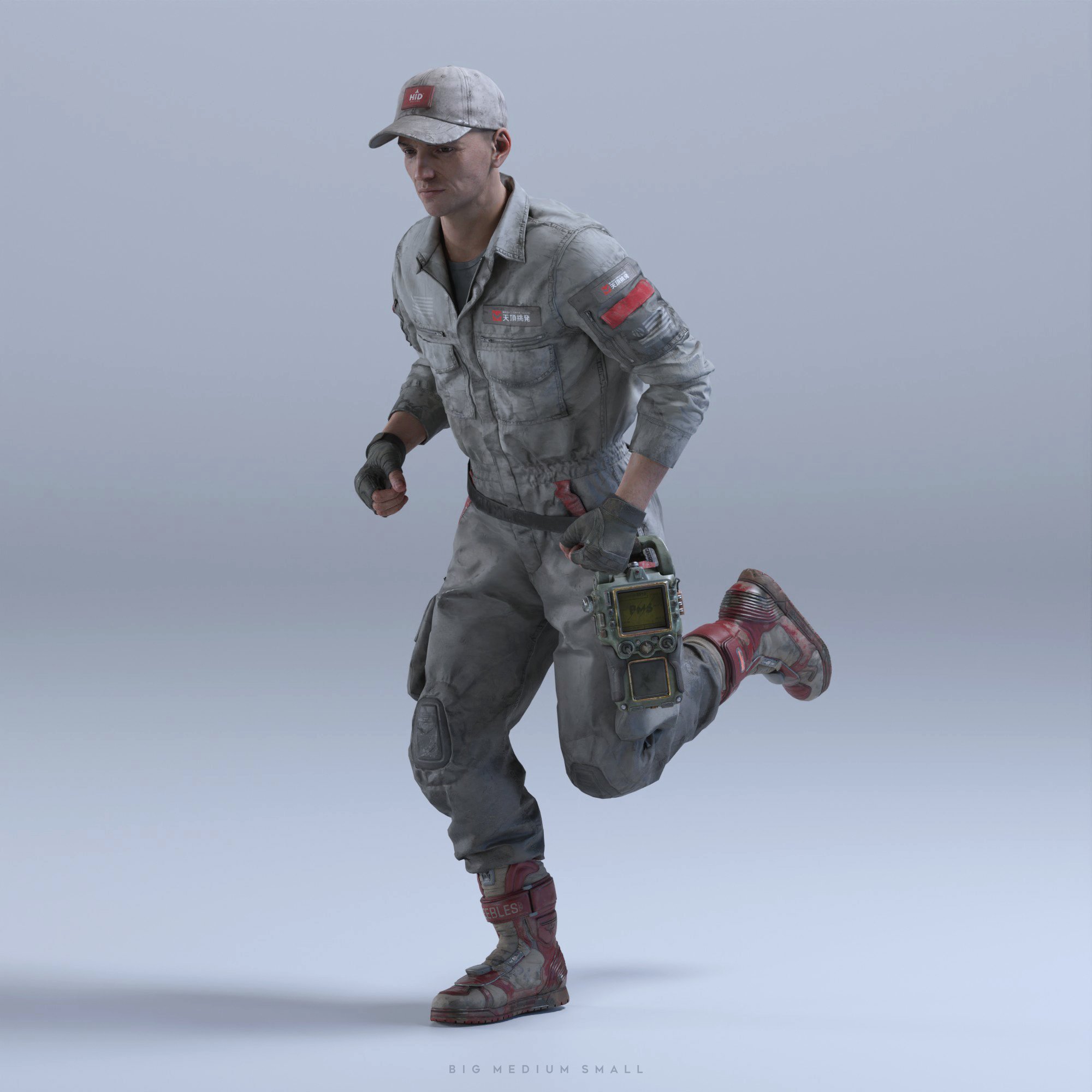 the image is a 3d render depicting a male character in a running pose. he's wearing a dirty, grey, workstyle jumpsuit with knee pads, red boots, and a baseball cap. he carries a small, rectangular device in his hand, suggesting a technological tool or weapon. his clothing shows signs of wear and tear, indicating a postapocalyptic or dystopian setting. the background is plain grey, providing a stark contrast to the character. the overall style suggests a character design for a video game or similar medium.  the character appears determined and possibly in a hurry.