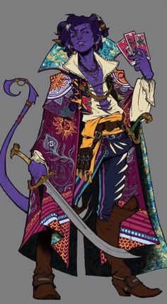 the image shows a single character, a purpleskinned tiefling with curly dark hair and horns, against a solid gray background. they are dressed in elaborate, colorful clothing combining purple, gold, orange, and red hues. the tiefling is holding a curved sword in their right hand and a spread of playing cards in their left. they are wearing a long coat decorated with suns and moons, an open shirt, and loose pants. a belt with various pouches and a scabbard adorns their waist. their tail is long and purple, curling upwards. the overall style suggests a rogue or adventurer from a fantasy setting. the lighting is soft, coming from an undefined source, casting subtle shadows and highlighting the textures of the clothing. the perspective is slightly from a low angle, making the character appear taller and more imposing.
