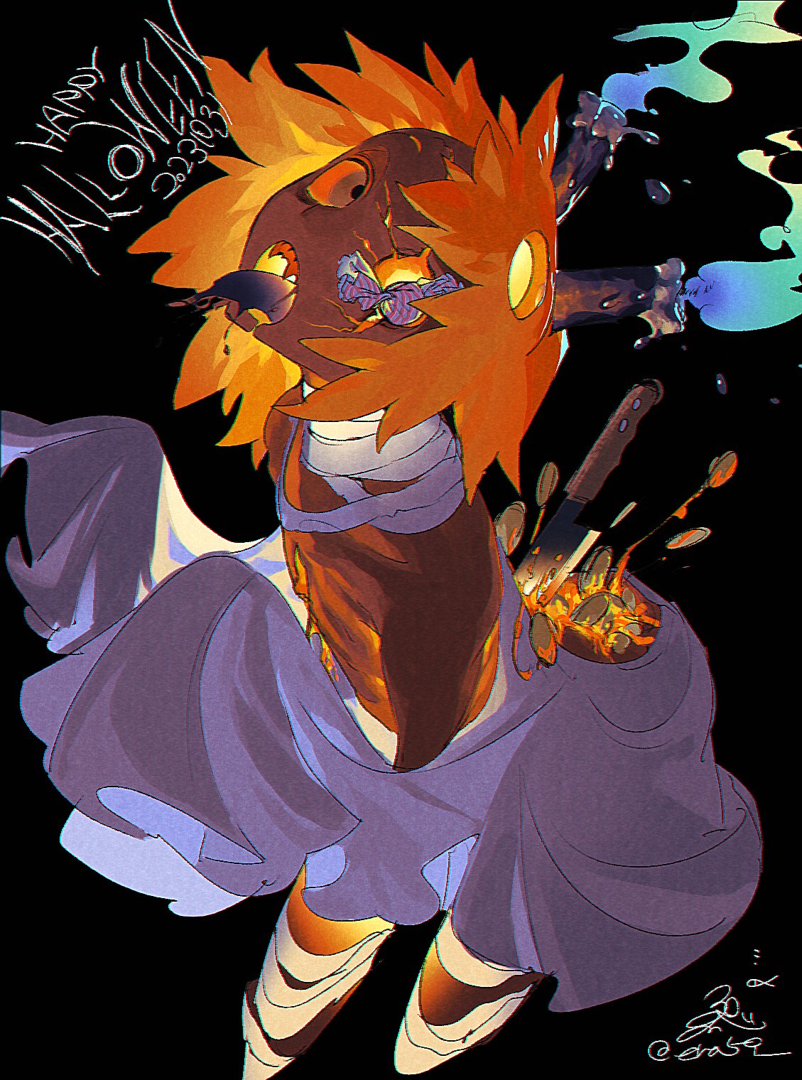 the image is a vibrant and stylized digital illustration of a fantastical creature, likely fanart created for halloween 2023. the creature has a sunflowerlike head with orange and brown hues, a dark and somewhat decaying appearance to its body, and is wearing a flowing purple dress.  knives are embedded in its back, from which goldenorange sparks or embers are emanating. the background features swirling, colorful smokelike elements adding to the ethereal and slightly disturbing atmosphere. the overall style is heavily stylized, combining elements of fantasy, macabre, and surrealism. the artwork is dynamic and expressive, with bold colors and strong lines conveying a sense of movement and energy.  "happy halloween 2023" is written in the upper left corner.