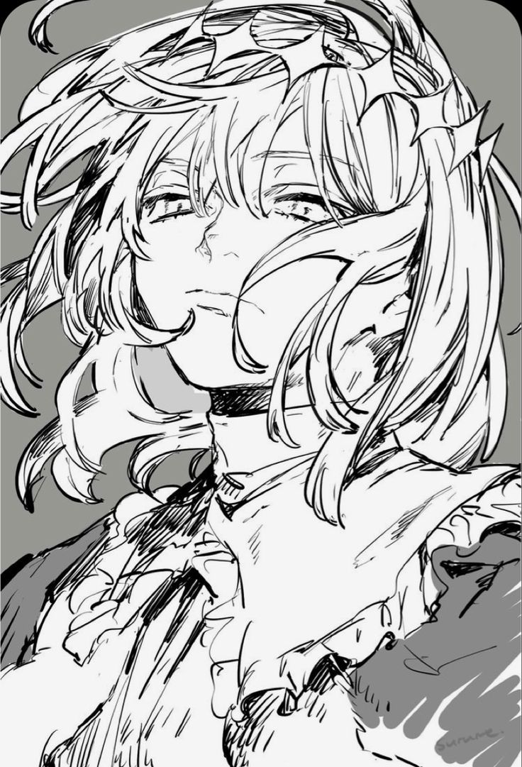 a black and white drawing of an anime girl. the girl is looking down with a sad expression on her face. she has long hair, a ruffle collar, and is wearing a jacket. the background is grey. the drawing is in a manga style and is very detailed.