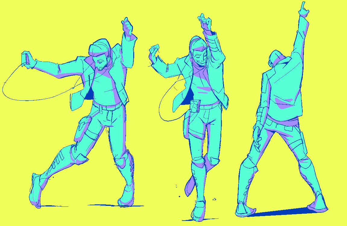 a digital drawing in an outlined style that shows three men in the midst of dancing. they are all in casual clothing of green and blue hues with a bright yellow background.
