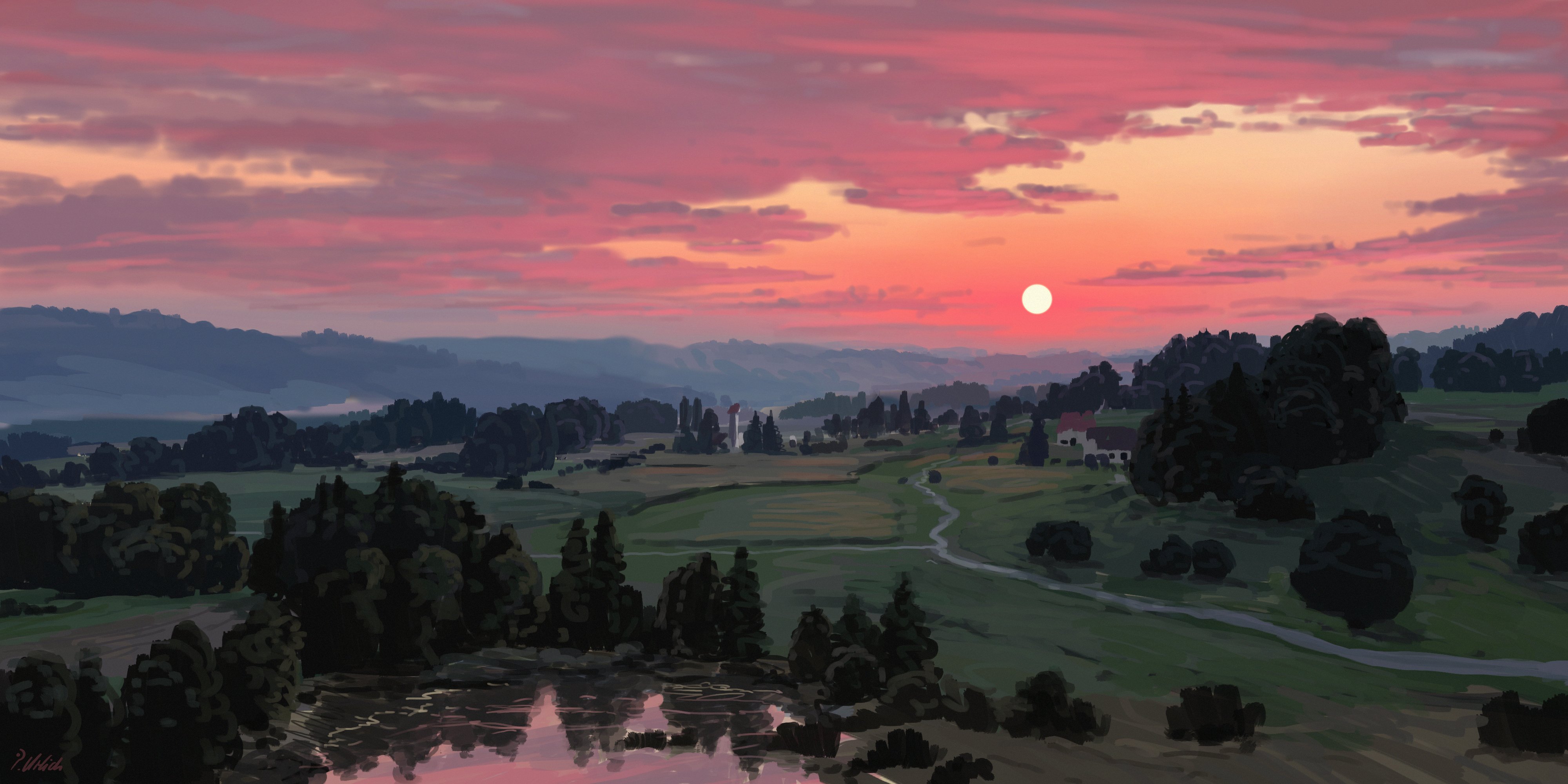 the image is a picturesque landscape painting of a countryside scene at sunset. from an aerial perspective, it showcases rolling green fields, clusters of dark green trees, and a small village nestled in the valley. the setting sun, a warm orange orb, paints the sky in hues of pink and purple, casting a soft glow over the entire scene. a winding road cuts through the fields, leading towards the village, while a small lake in the foreground reflects the colors of the sunset. the overall atmosphere is serene and tranquil, capturing the beauty of a rural sunset.