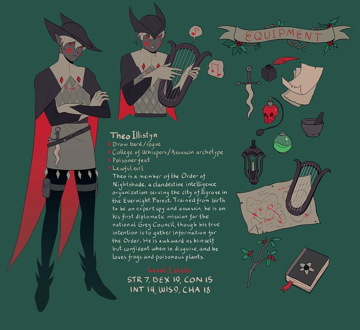 this is an illustration of a drow bard/rogue named theo illistyn. he is a member of the order of nightshade, a clandestine intelligence organization that serves the city of ilgrove in the evernight forest. theo is on his first diplomatic mission for the grey council, but his true intention is to gather information for the order. he is awkward as himself but confident when in disguise. he loves frogs and poisonous plants.  the illustration includes theo's character sheet with his stats and equipment.