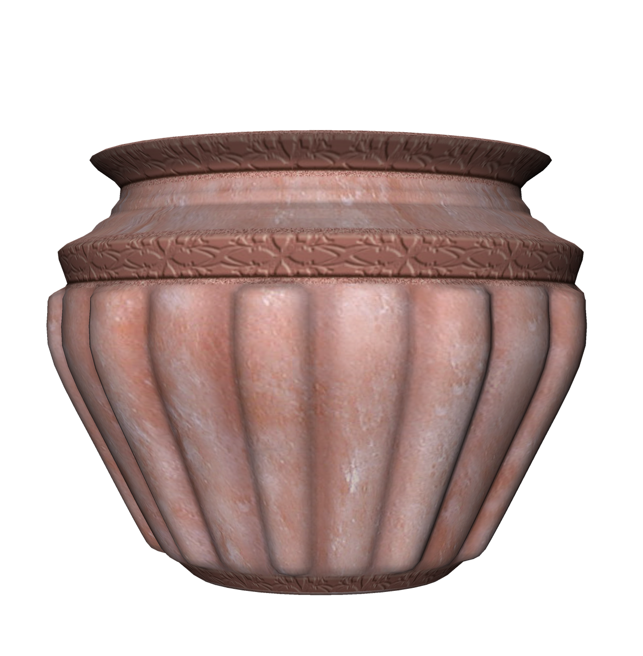 a terracotta vase with decorative elements, including ribs and carved details. it has an antique look, suggesting it could be pottery. the vase is the primary focus of the image, set against a black background.
