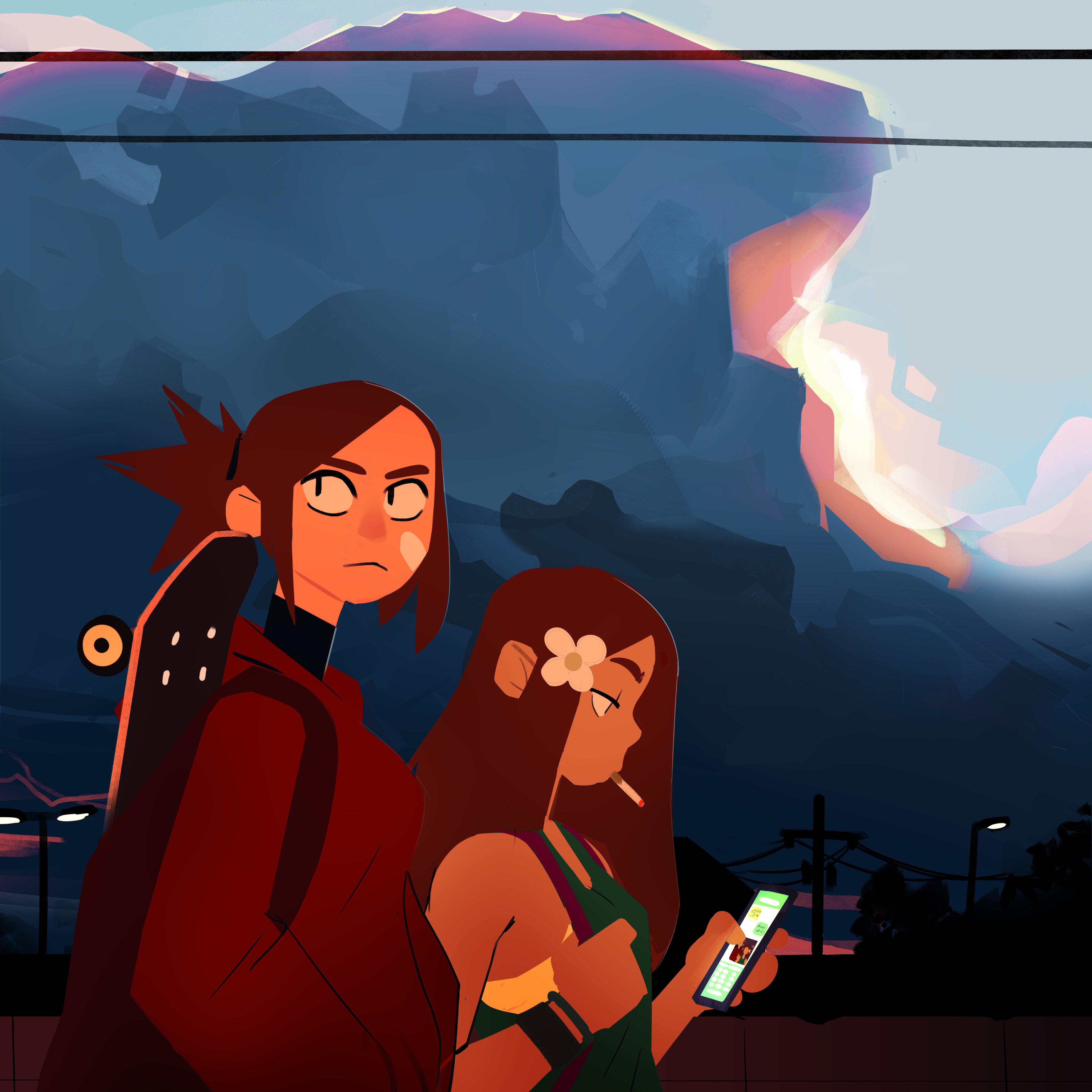 two girls are walking along a city street. the girl on the left is wearing a red jacket and carrying a skateboard. the girl on the right is wearing a green top and holding a cell phone. the scene is set at dusk, with the sun setting in the background.