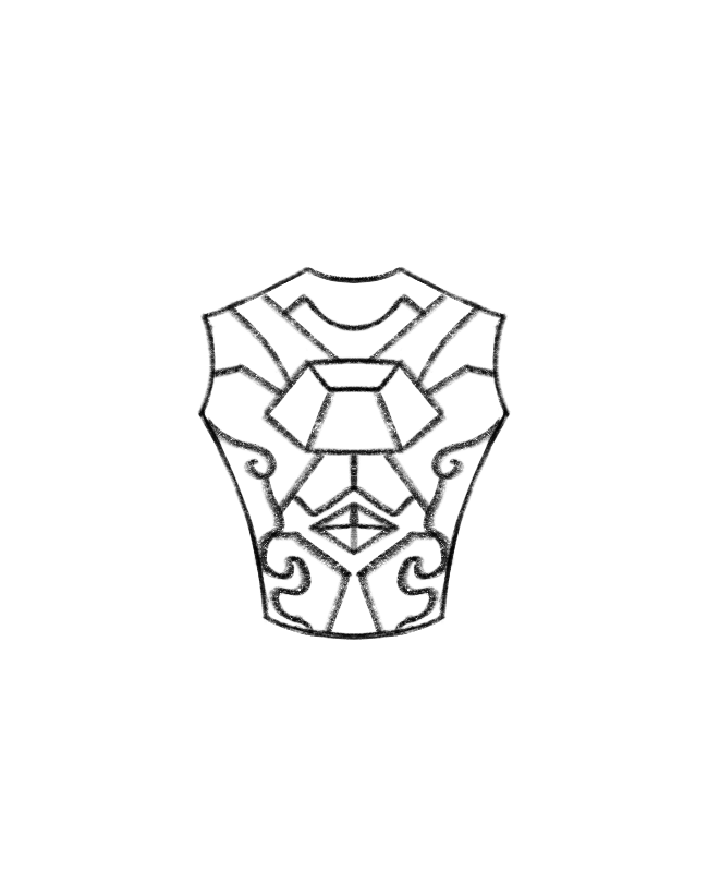 a sketch of a chestplate armor with geometric designs.