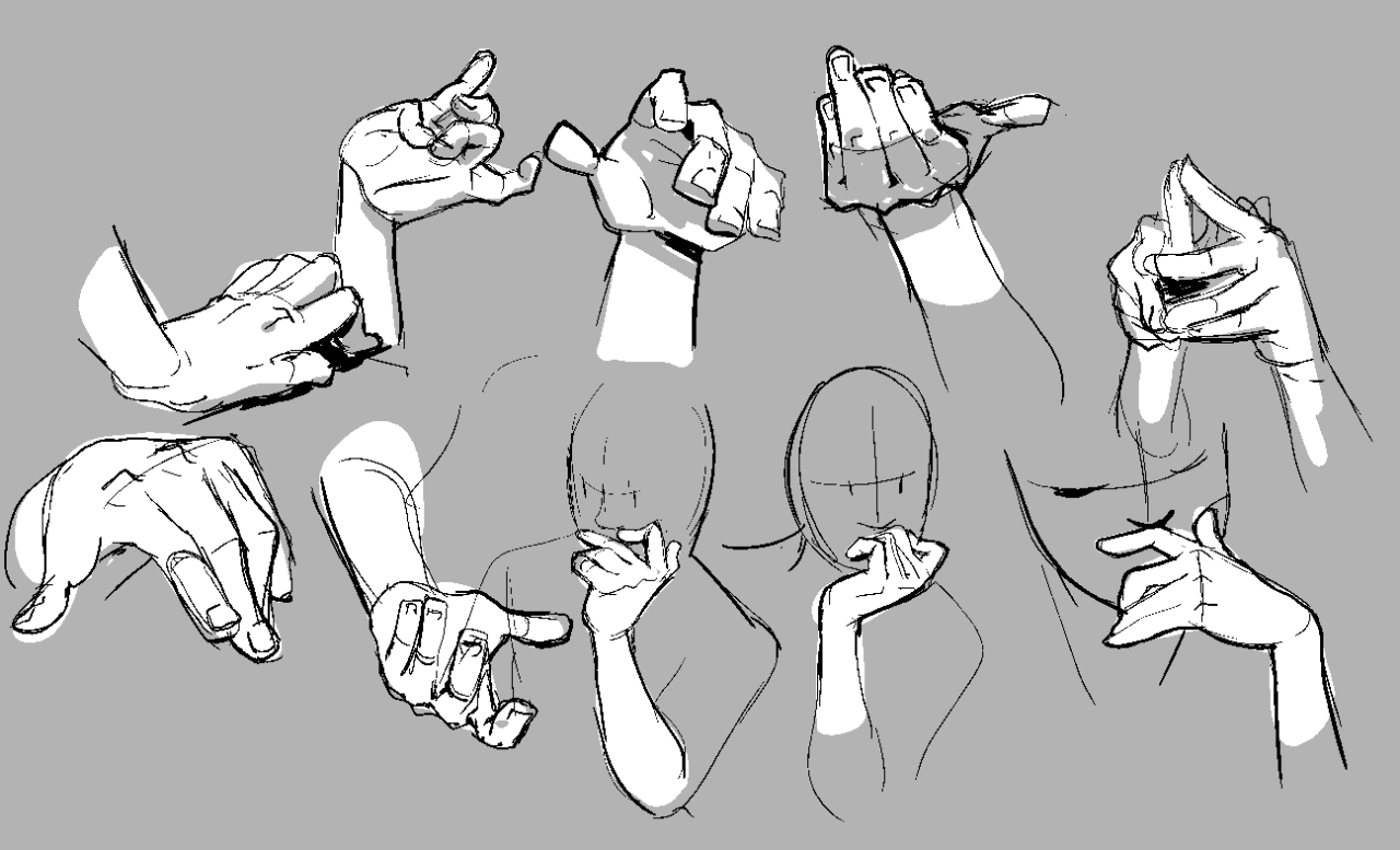 a sketch of multiple hands in different poses drawn in black and white line art on a grey background.