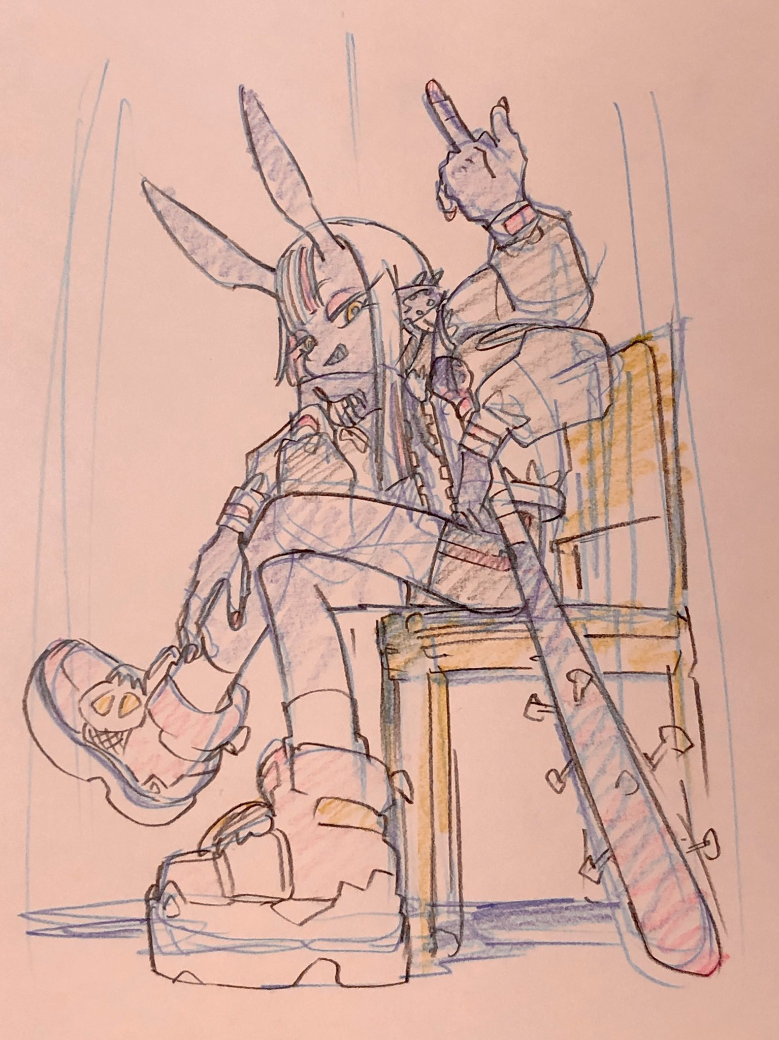a sketch of a rebellious bunny girl with an attitude.  she has long bunny ears, wears a studded jacket, torn clothes, and chunky platform boots.  she sits on a chair with one leg propped up, giving the viewer the middle finger. leaning against the chair is a baseball bat, hinting at her tough nature.