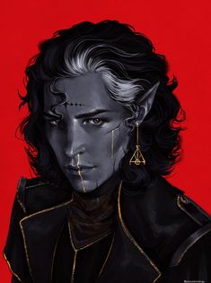 the image is a digital painting of a dark elf male set against a bold red background. he has dark gray skin, stark white hair with black streaks, and piercing blue eyes. delicate gold tattoos adorn his face, which also features a serious expression. he wears an elaborate black and gold outfit, hinting at a noble or affluent background. the lighting is soft, highlighting his features without casting harsh shadows. the overall aesthetic leans towards a dark fantasy style.